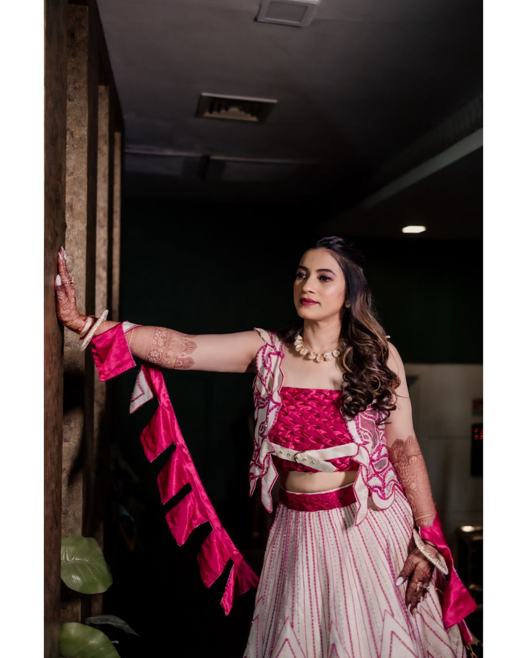 Ivory n fuscia pink lehanga