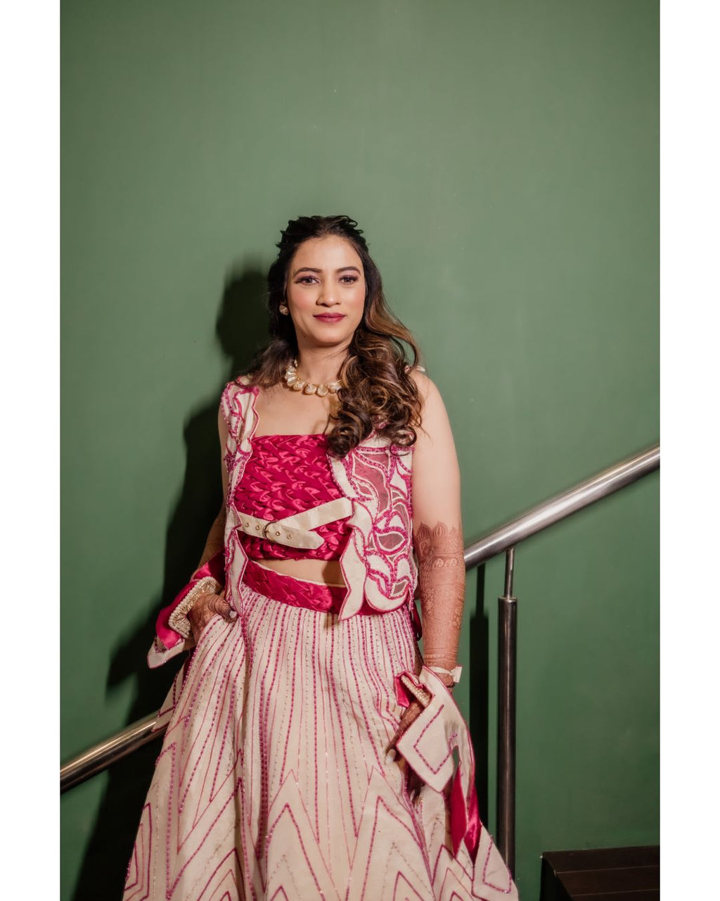 Ivory n fuscia pink lehanga