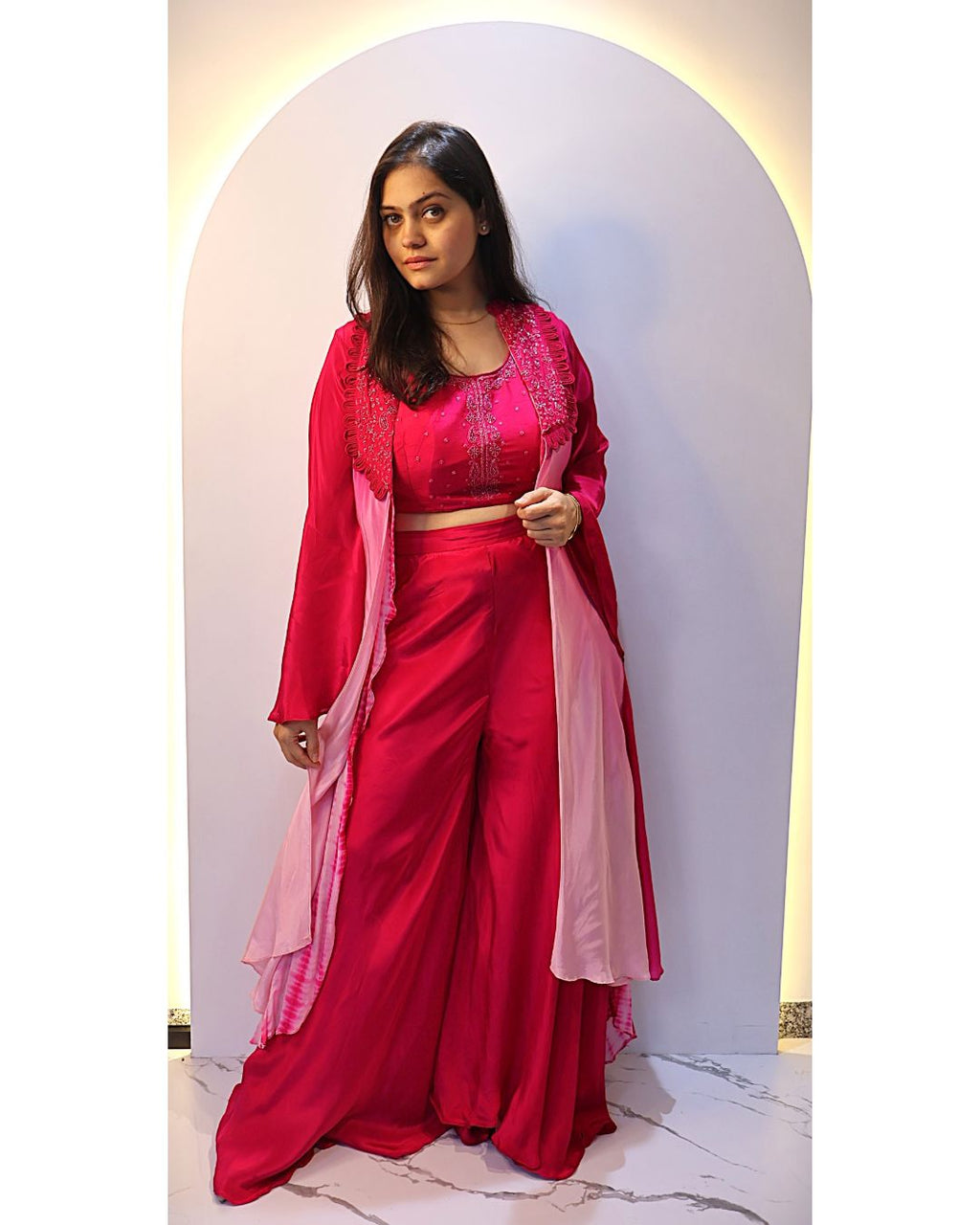 Fuscia Pink Long shrug-style jacket Indowstern