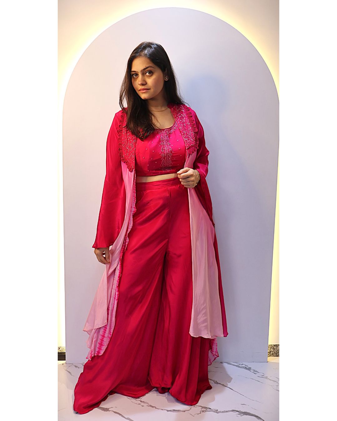 Fuscia Pink Long shrug-style jacket Indowstern