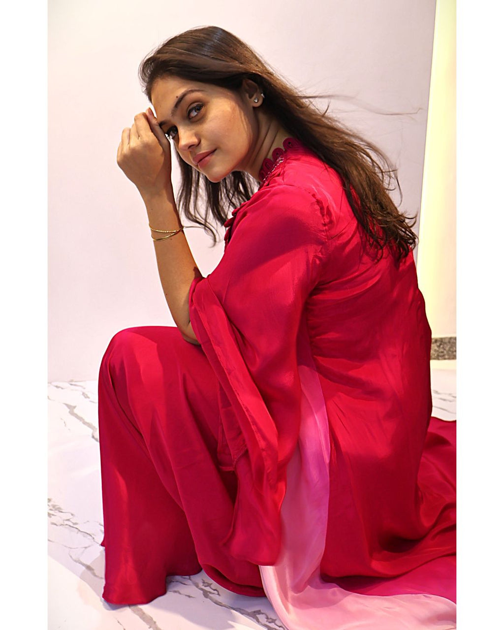 Fuscia Pink Long shrug-style jacket Indowstern
