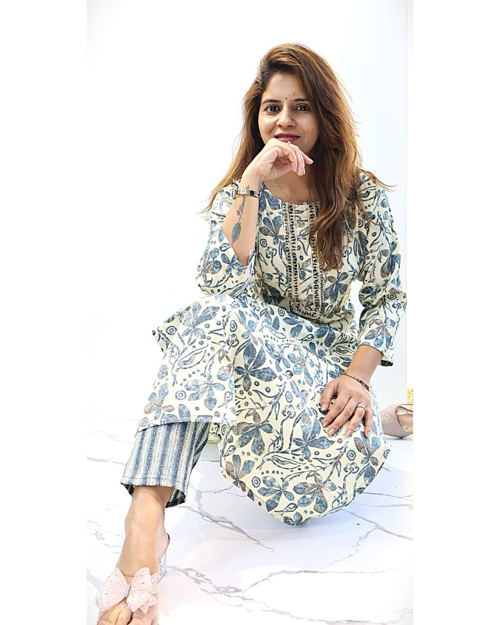 White and Blue 2 piece Tunic set