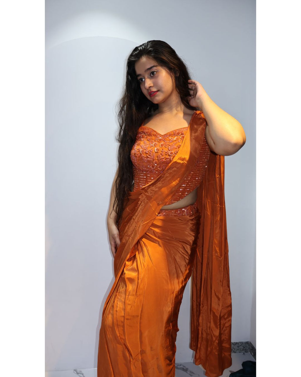 Rust Handwork Drape Saree