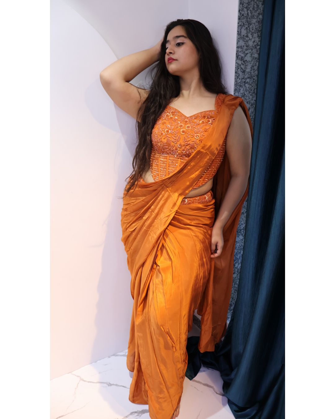 Rust Handwork Drape Saree