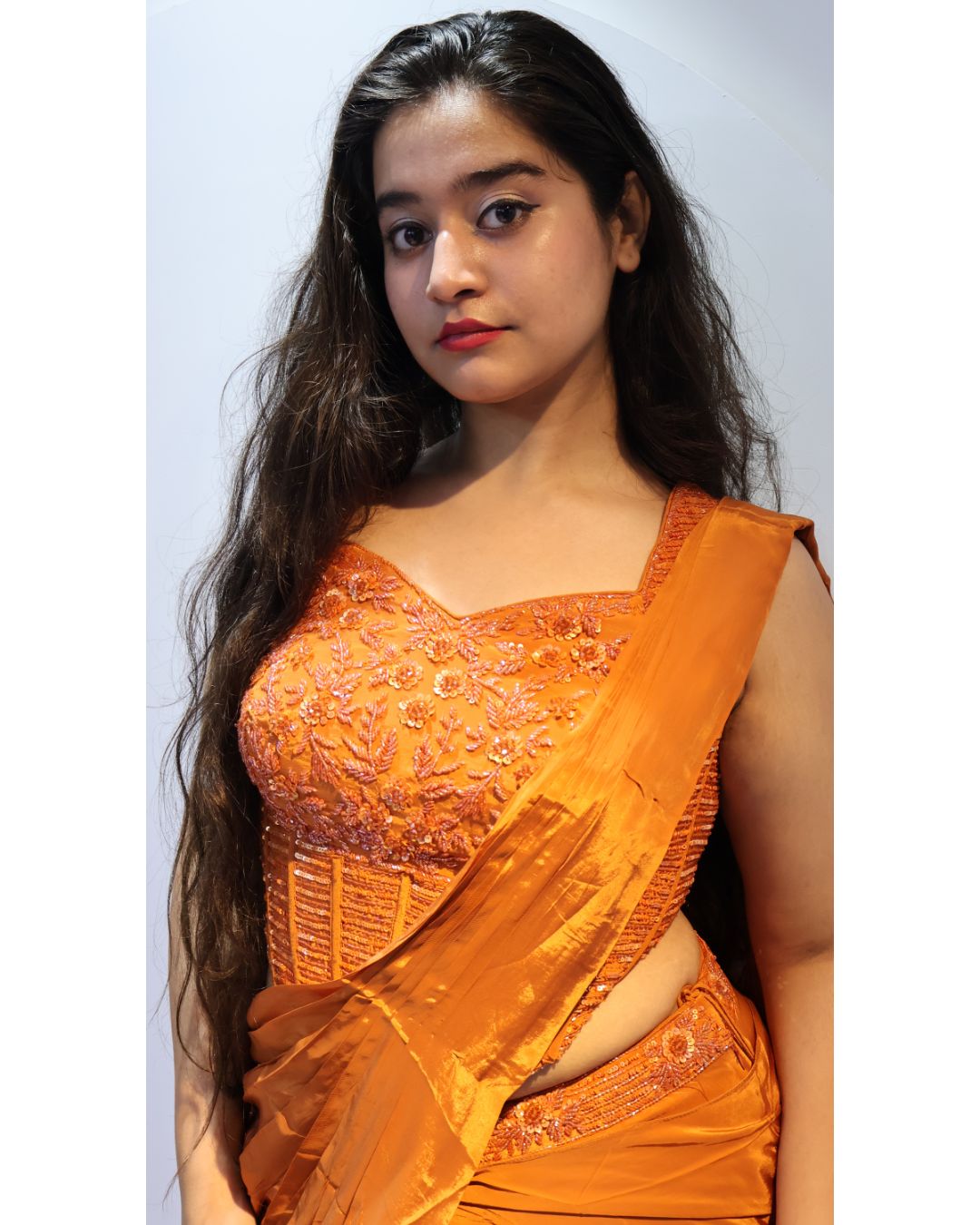 Rust Handwork Drape Saree