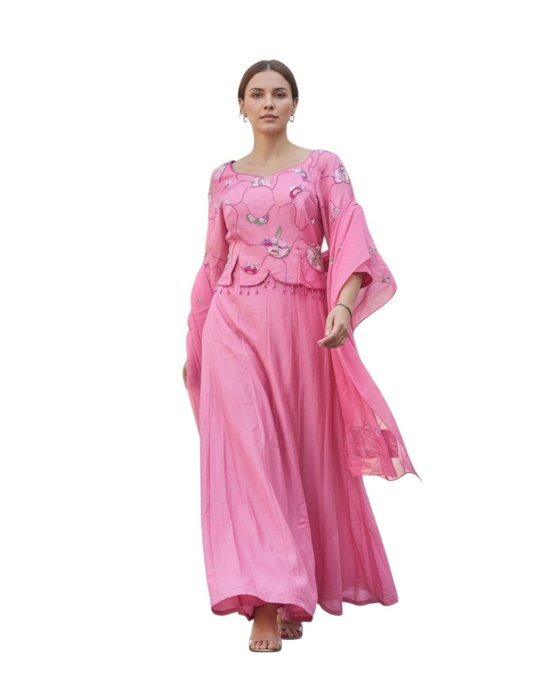 Pink Gwon with multicolour color handwork