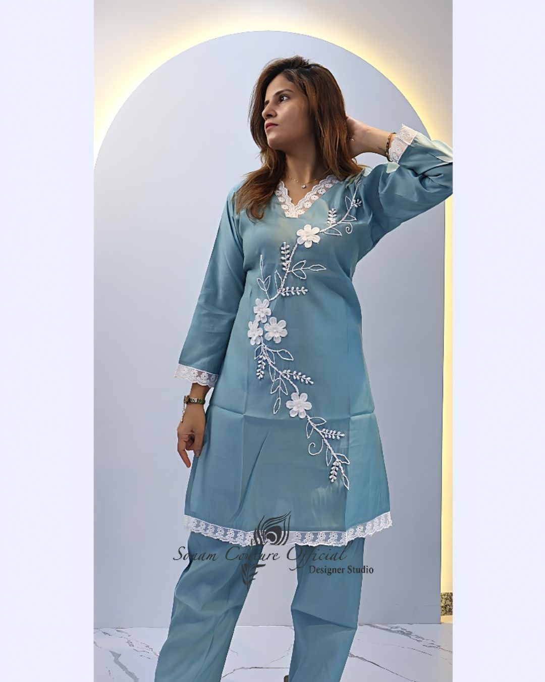 Blue with white work Co-ord set